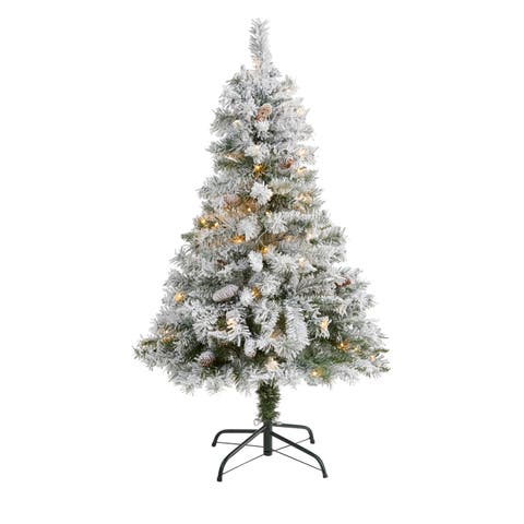 4-ft Flocked White River Mountain Pine Artificial Christmas Tree with Pinecones and 100 Clear LED Lights