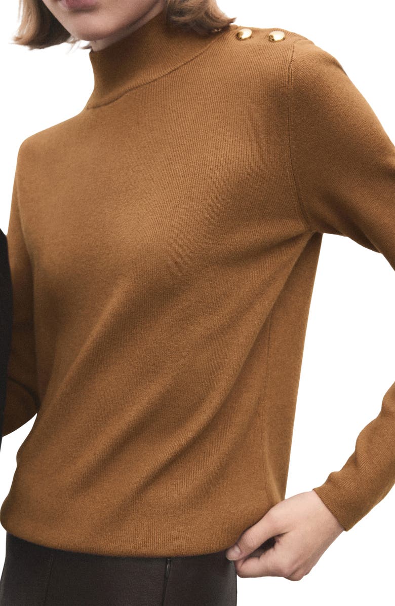 MANGO Perkins Stripe Mock Neck Sweater, Main, color, Medium Brown