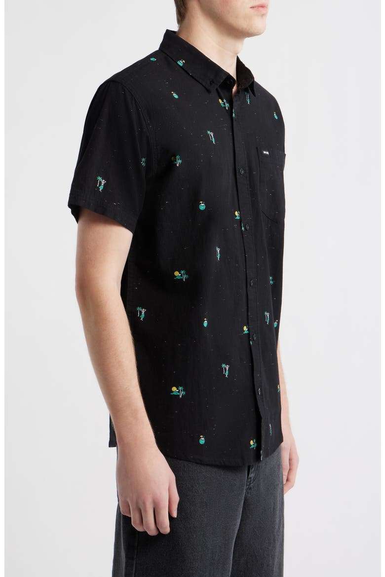 Skelly Breach Tropical Print Short Sleeve Cotton Chambray Button-Down Shirt, Alternate, color, BLACK