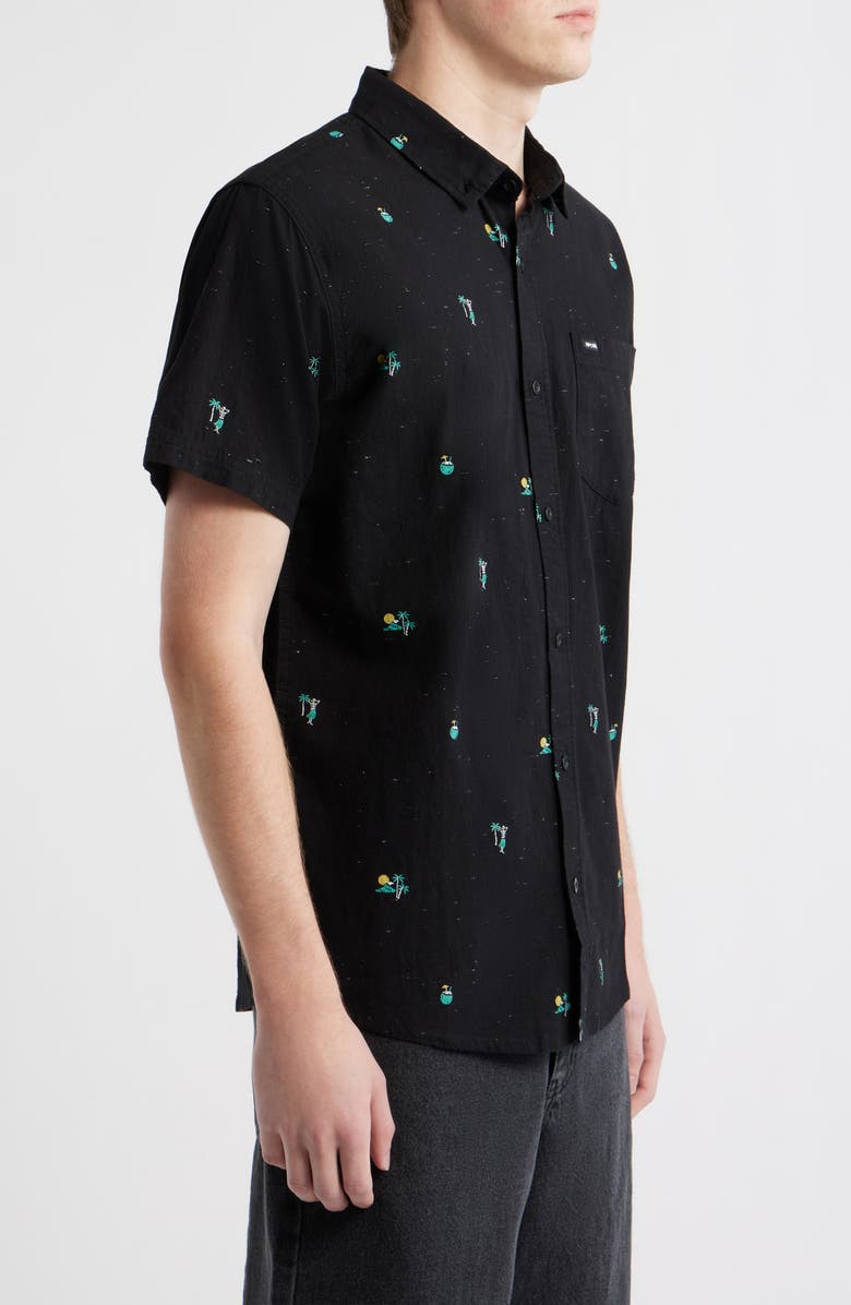 Rip Curl Skelly Breach Tropical Print Short Sleeve Cotton Chambray Button-Down Shirt, Alternate, color, Black
