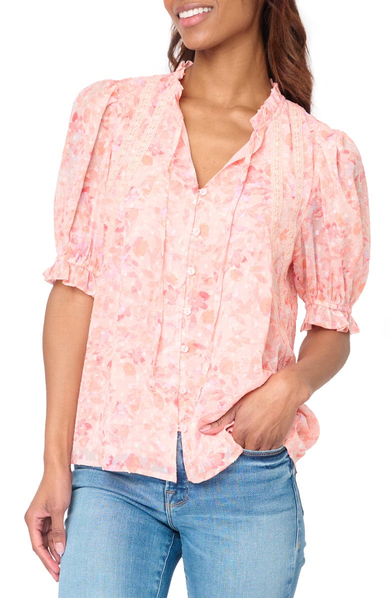GIBSONLOOK Floral Lace Trim Button-Up Shirt, Main, color, Blush Watercolor
