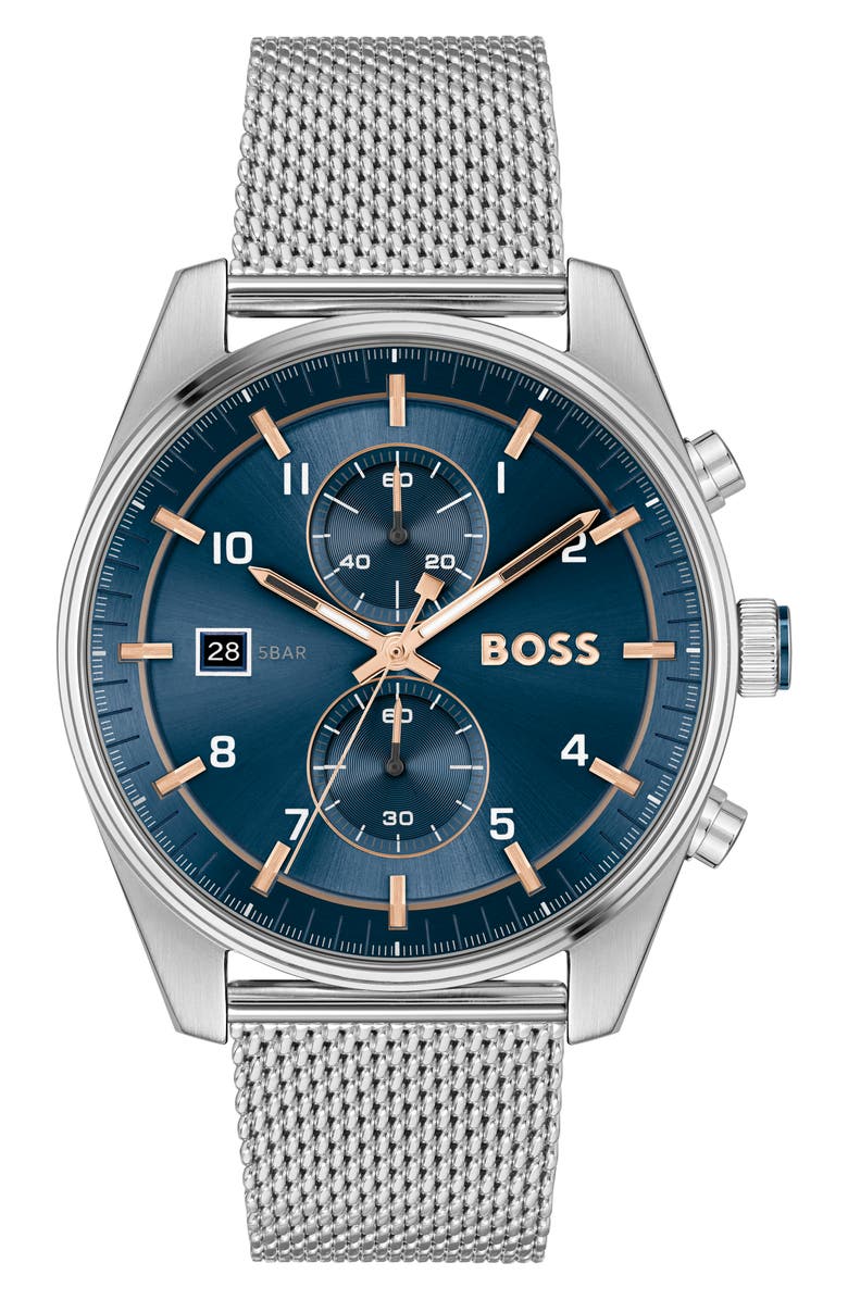 BOSS Skytraveller Chronograph Mesh Strap Watch, 44mm, Main, color, 