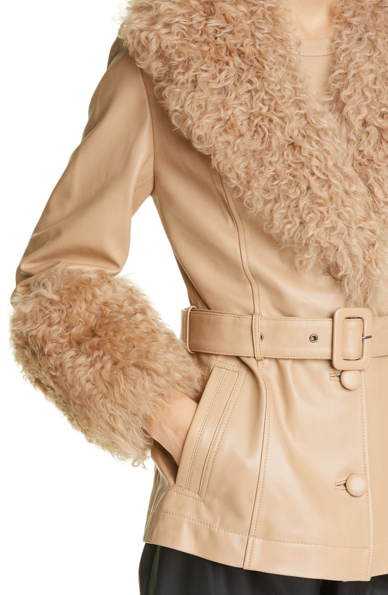 Saks Potts Genuine Shearling Trim Short Leather Jacket, Alternate, color, 