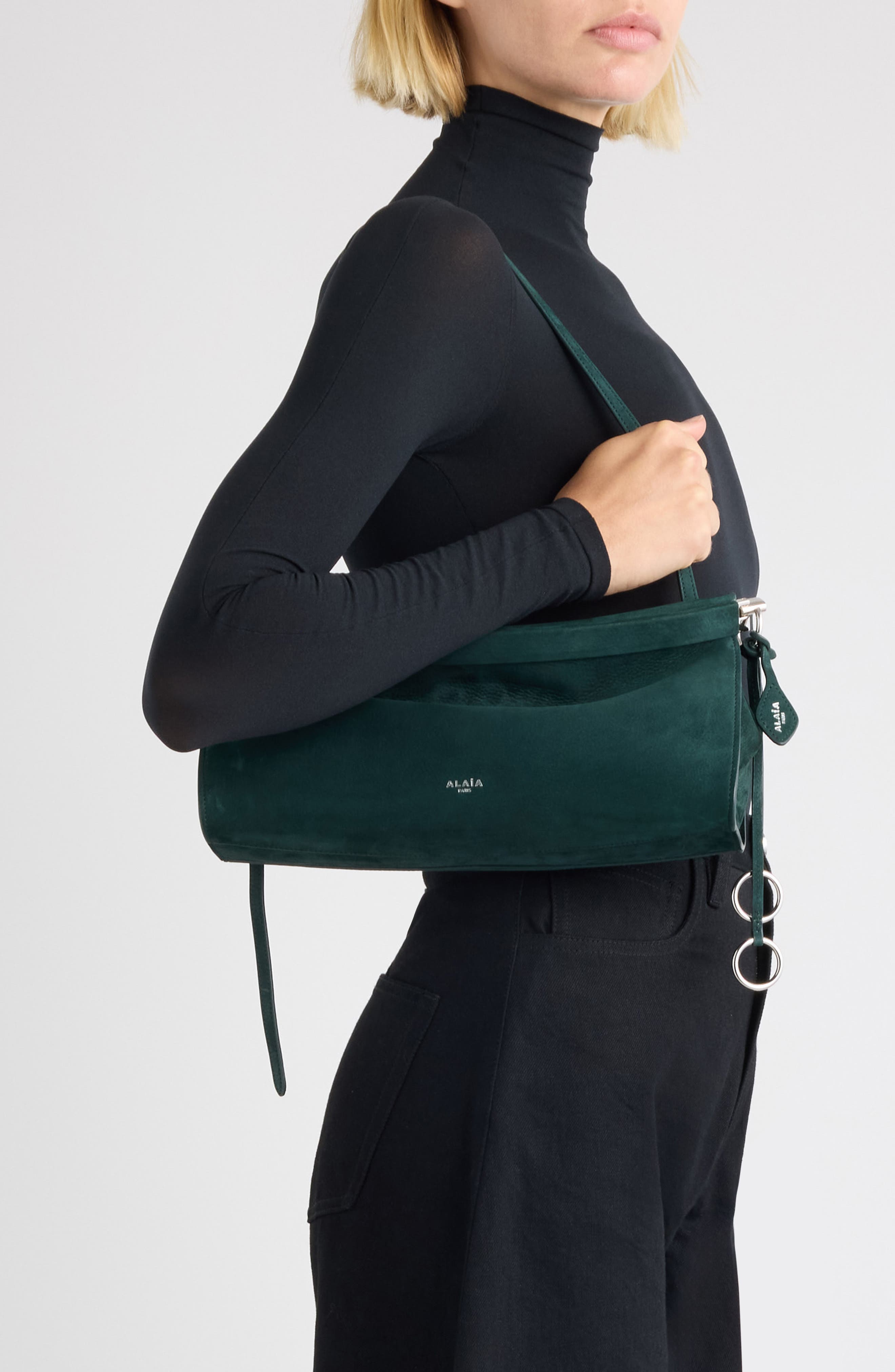 Alaïa Medium Le Click East/West Nubuck Shoulder Bag, Alternate, color, Vert Foret