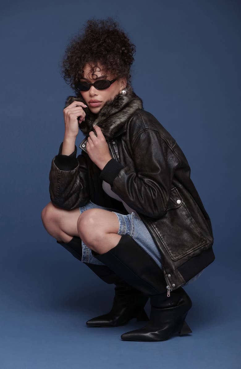 Avec Les Filles Oversize Leather Bomber Jacket with Genuine Shearling Collar, Alternate, color, Washed Black