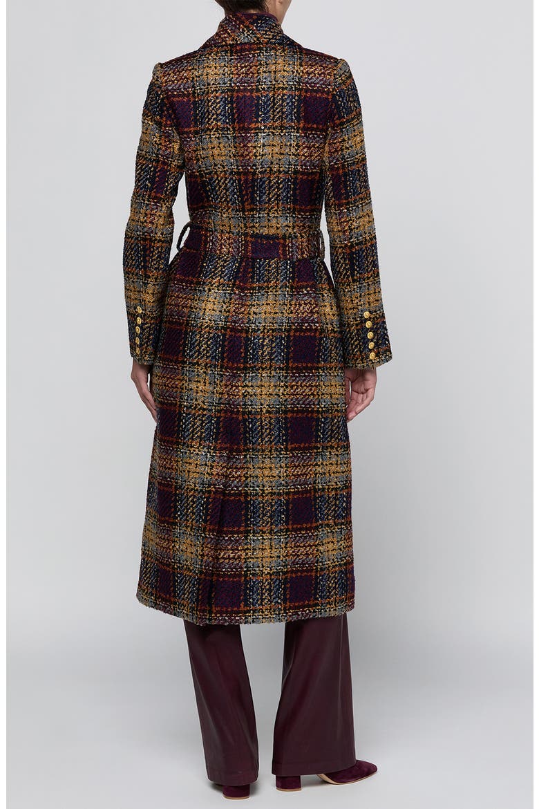 Kolina Plaid Double Breasted Long Coat with Belt, Alternate, color, NAVY/ BURG MULTI TWEED