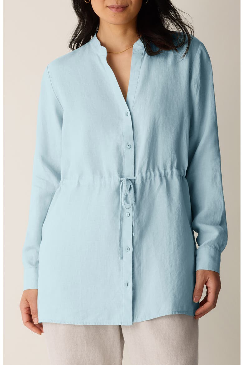 Split Neck Organic Linen Long Drawstring Shirt, Main, color, BREEZE