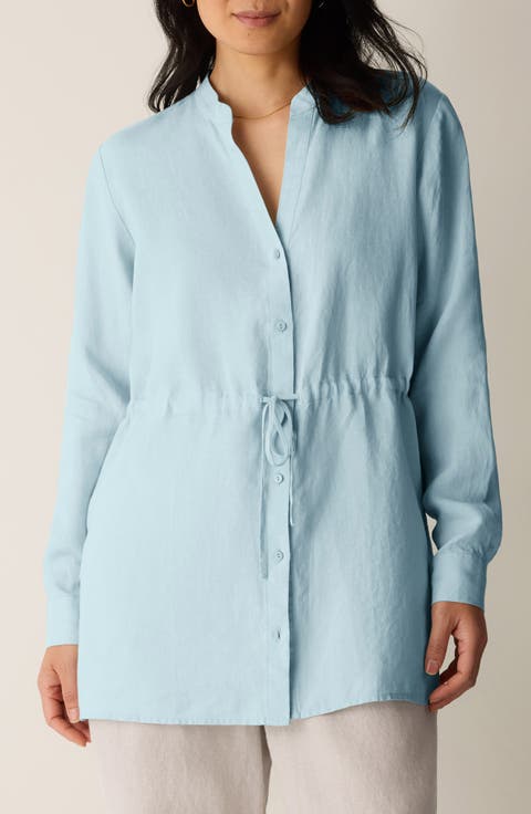 Eileen Fisher Split Neck Organic Linen Long Drawstring Shirt (Regular & Petite)