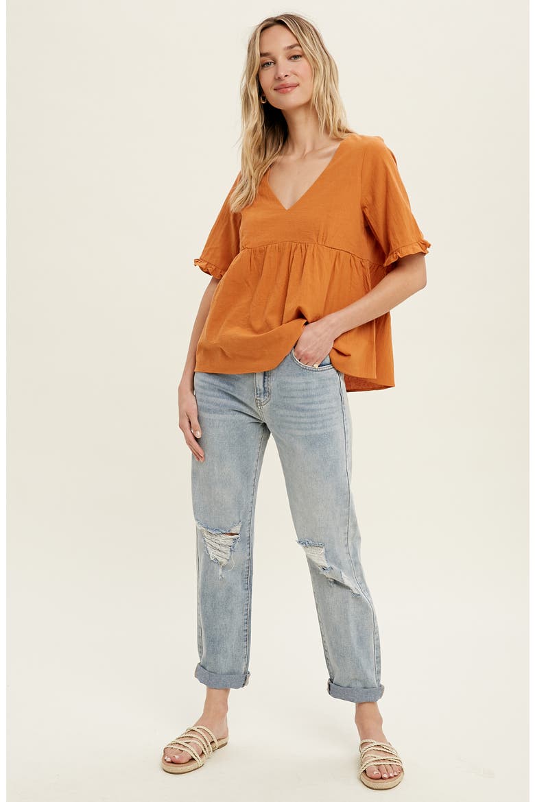 V-Neck Elbow-Length Sleeve Babydoll Top, Alternate, color, AMBER