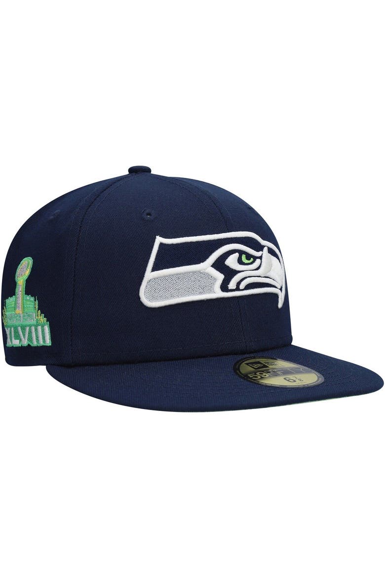 Men's New Era College Navy Seattle Seahawks Super Bowl XLVIII Citrus Pop 59FIFTY Fitted Hat, Main, color, Navy