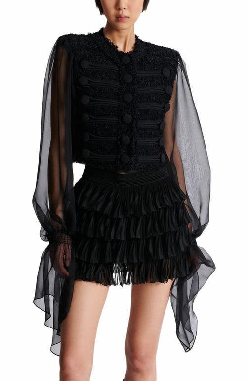 Balmain Edge-to-edge Tweed And Chiffon Jacket In Black