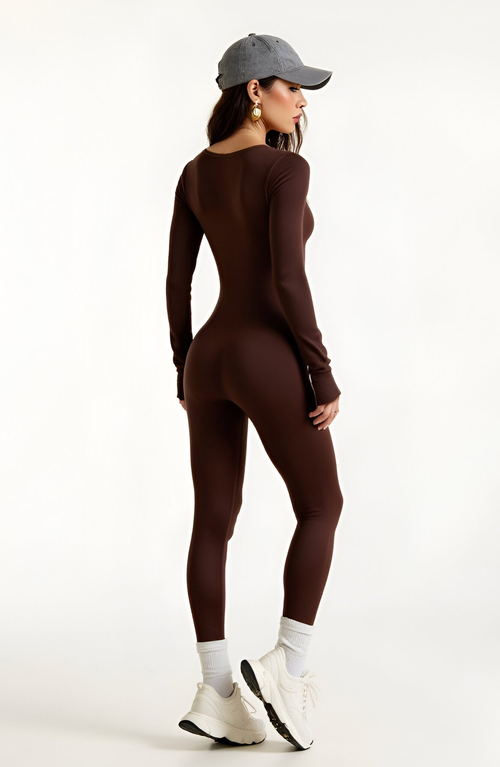 Modenaire Ribbed Long Sleeve Henley Jumpsuit With Deep Neckline And Snap Detail In Brown