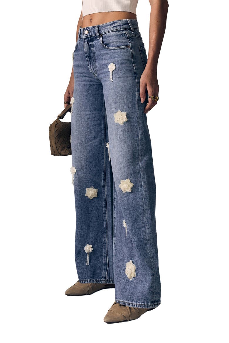 Nomad Flower Appliqué High Waist Wide Leg Jeans, Alternate, color, MOON FLOWER