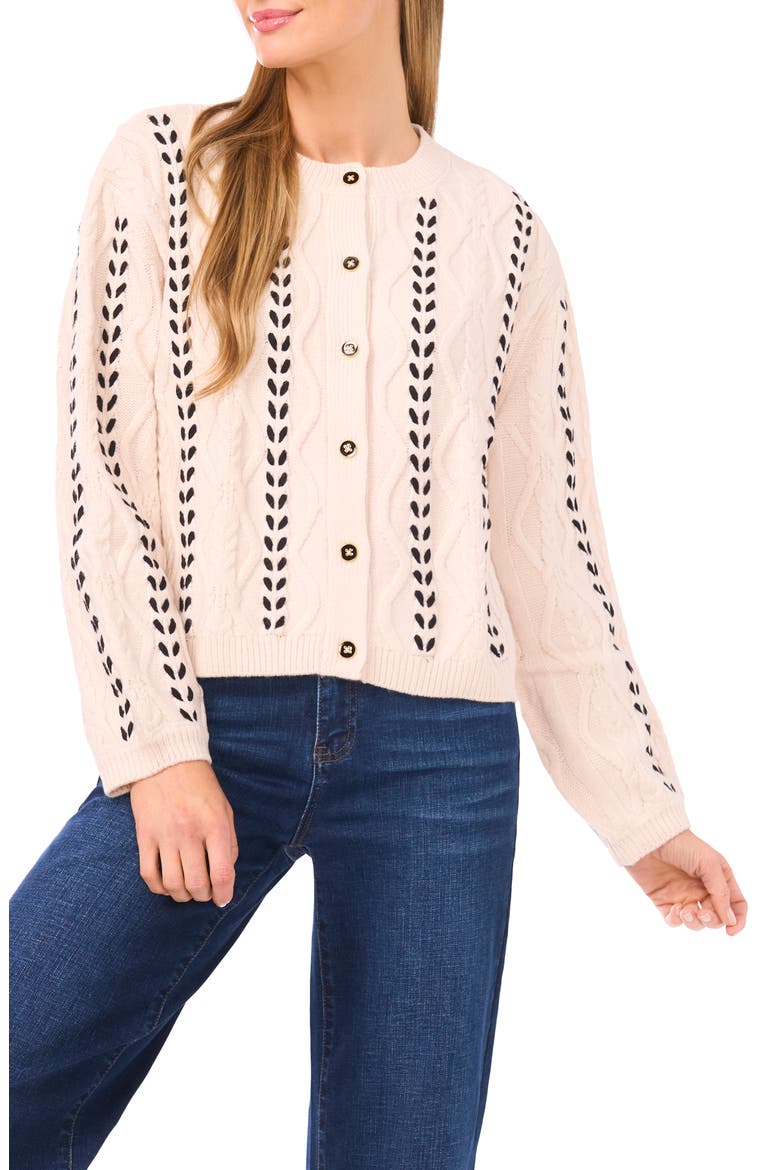 Ribbon Accent Cable Stitch Cardigan, Main, color, SNOW CREAM