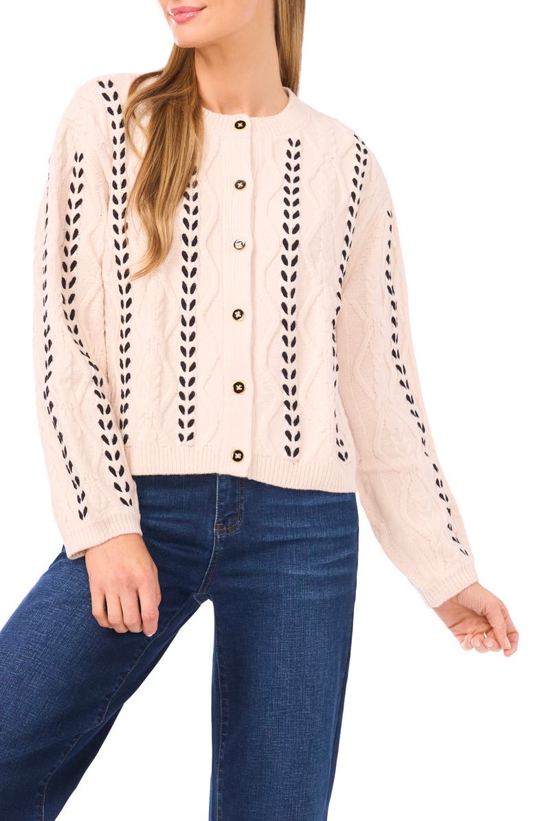 CeCe Ribbon Accent Cable Stitch Cardigan, Main, color, Snow Cream