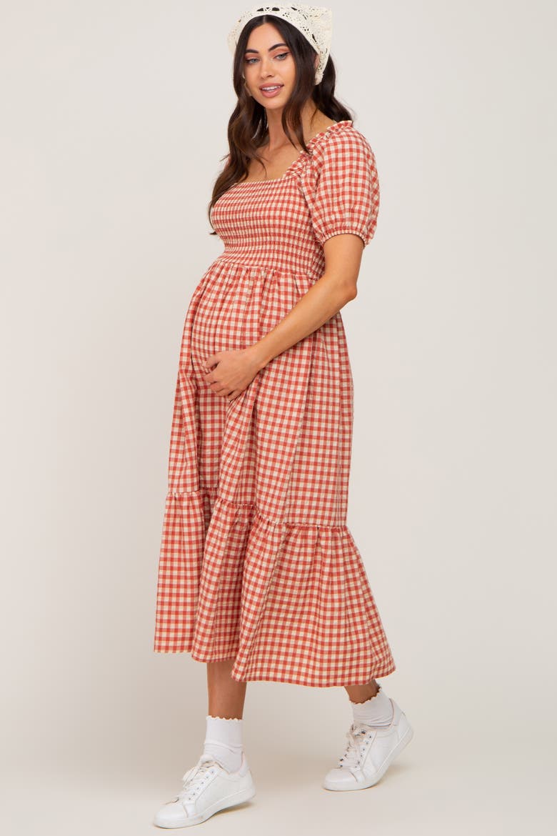 Gingham Smocked Midi Dress, Alternate, color, Rust