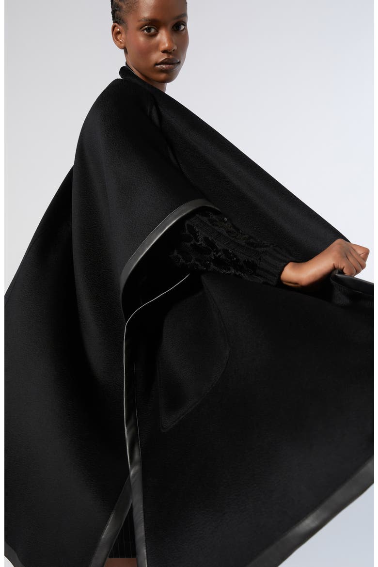 Ortica Faux Leather & Virgin Wool Poncho, Alternate, color, BLACK