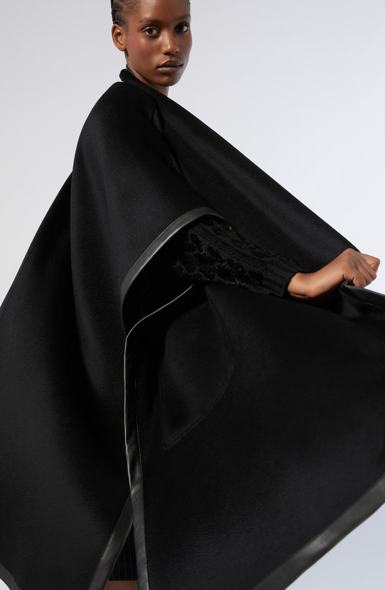 Marina Rinaldi Ortica Faux Leather & Virgin Wool Poncho, Alternate, color, Black