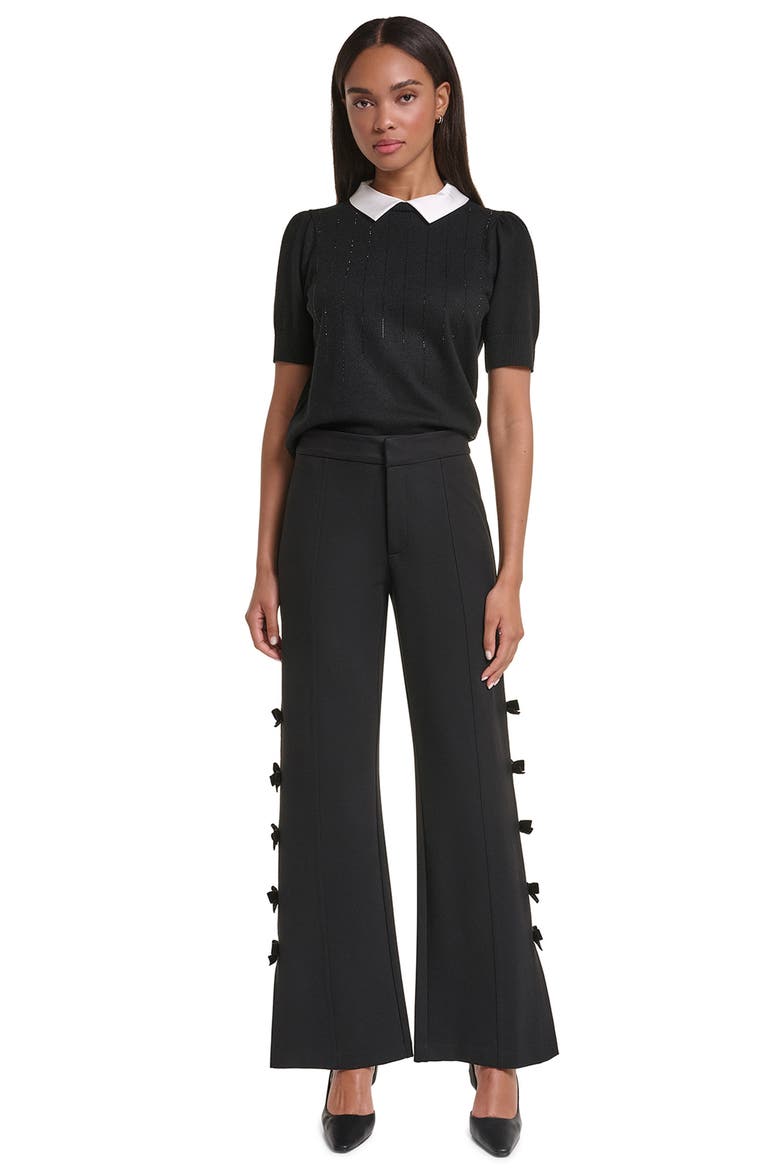 Bow Trim Pintuck Trouser Pants, Alternate, color, BLACK