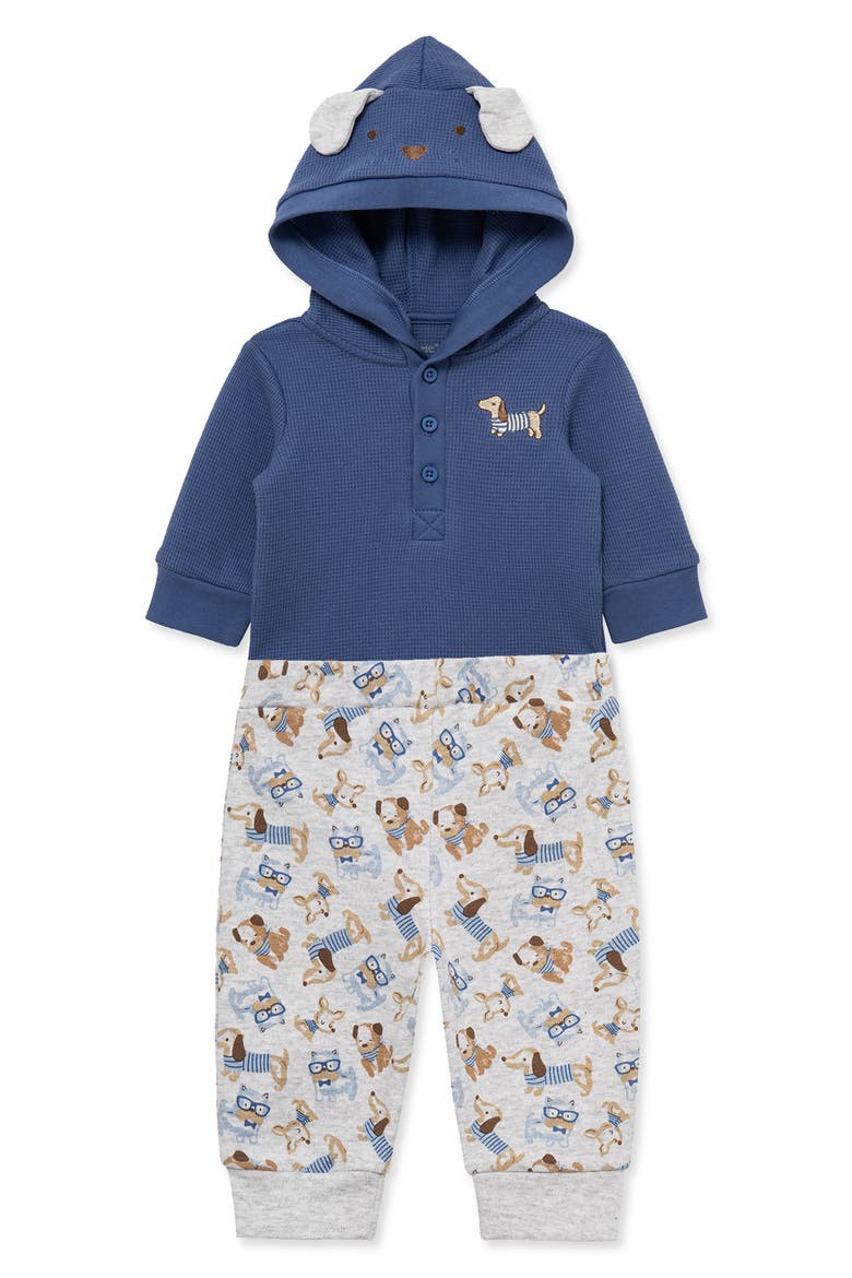 Puppy Waffle Hooded Bodysuit & Knit Pants Set, Alternate, color, BLUE