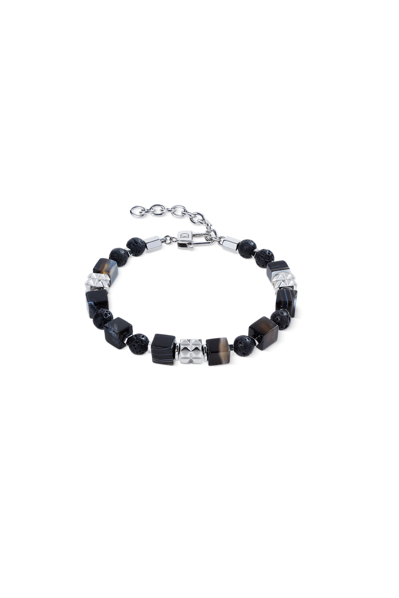 Striped Onyx Cube And Lava Bead Bracelet With Stainless Steel Spikes Cubes, Main, color, Silver