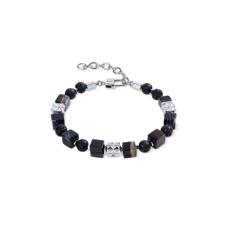 Striped Onyx Cube And Lava Bead Bracelet With Stainless Steel Spikes Cubes