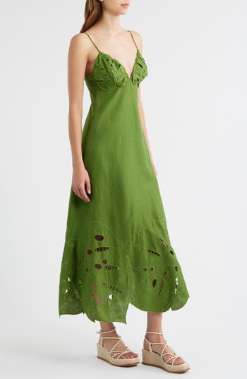 Monstera Embroidery Linen Midi Dress