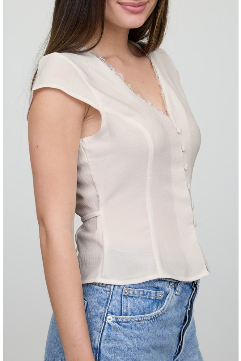 Lace Trim Cap Sleeve Button-Up Top, Alternate, color, KHAKI