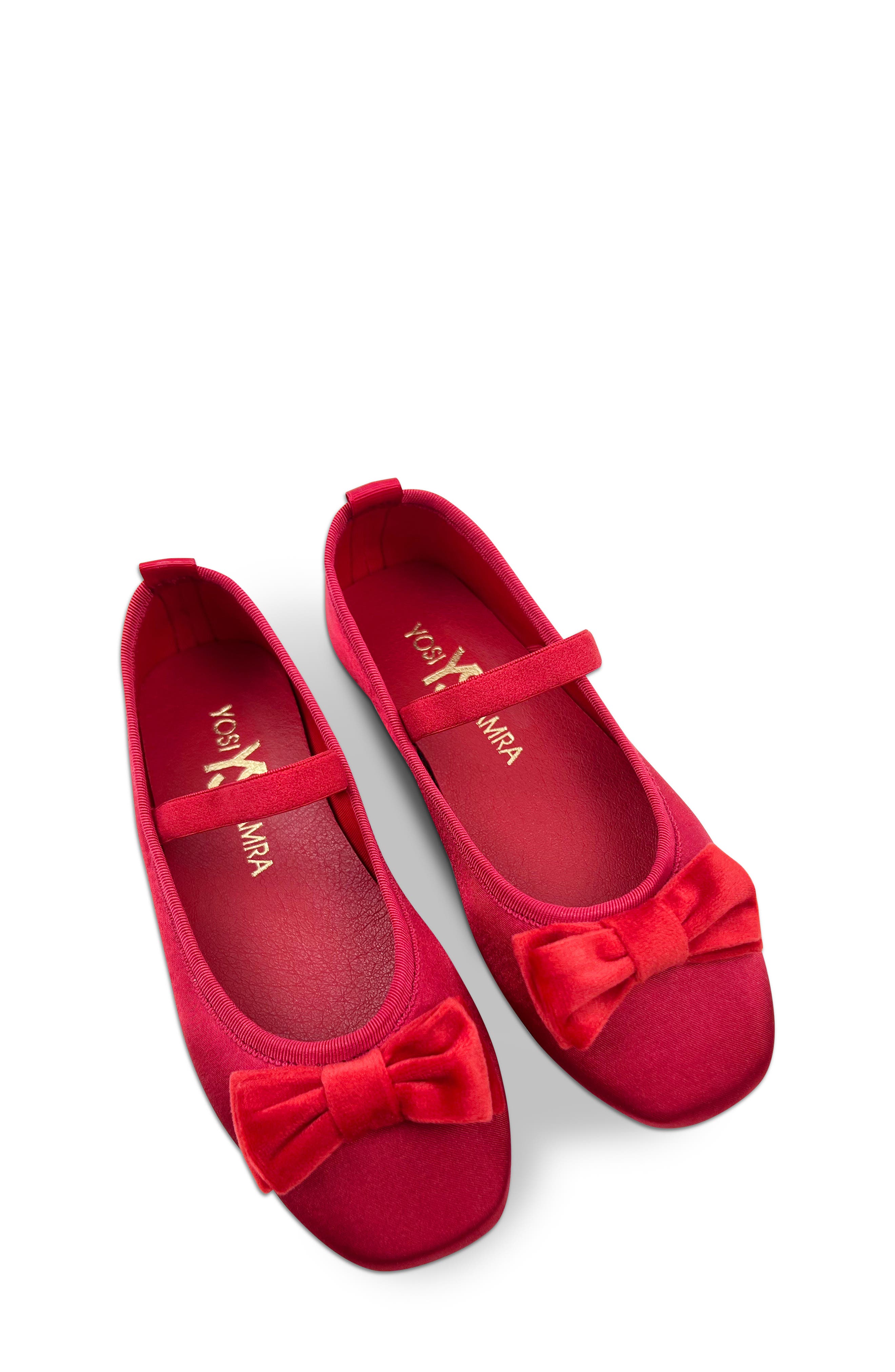 Yosi Samra Kids' Miss Emory Satin Mary Jane Flat, Alternate, color, Red Satin / Velvet Bow