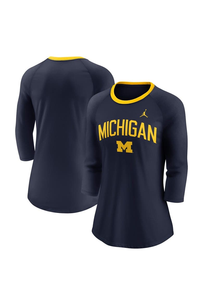Women's Jordan Brand  Navy Michigan Wolverines Tri-Blend Raglan 3/4 Sleeve Top, Main, color, Navy