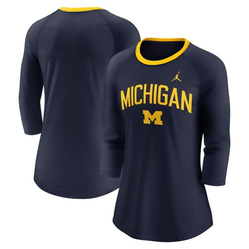 Jordan Brand Navy Michigan Wolverines Tri-blend Raglan 3/4 Sleeve Top In Blue