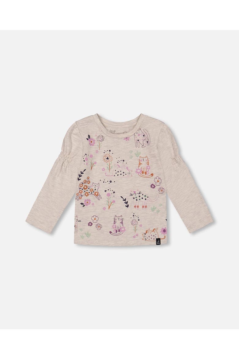 Girl's Printed T-Shirt Beige Mix Printed Cats, Main, color, Oatmeal