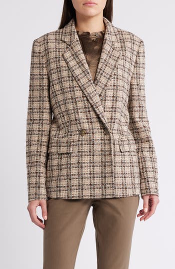 Hugo Boss Boss Janka Double Breasted Plaid Blazer In Marshland Beige Tartan