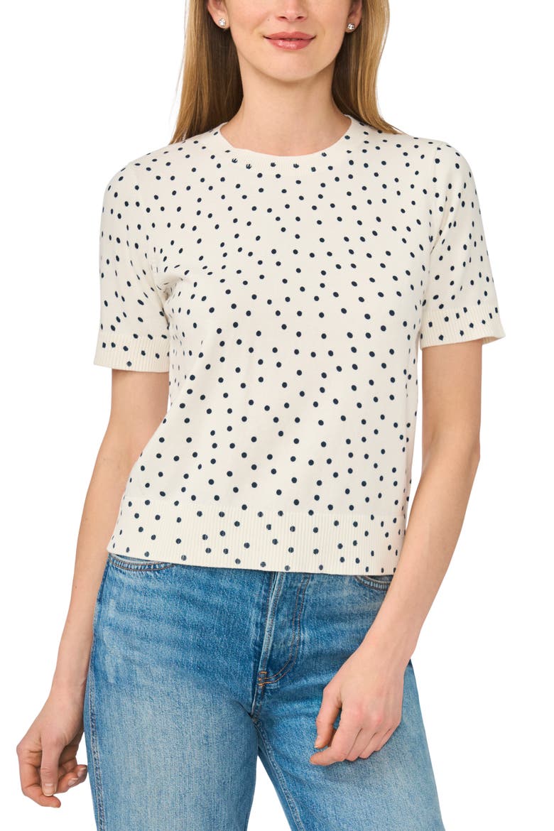 Printed Short Sleeve Cotton Sweater, Main, color, DRESS BLUE DOT