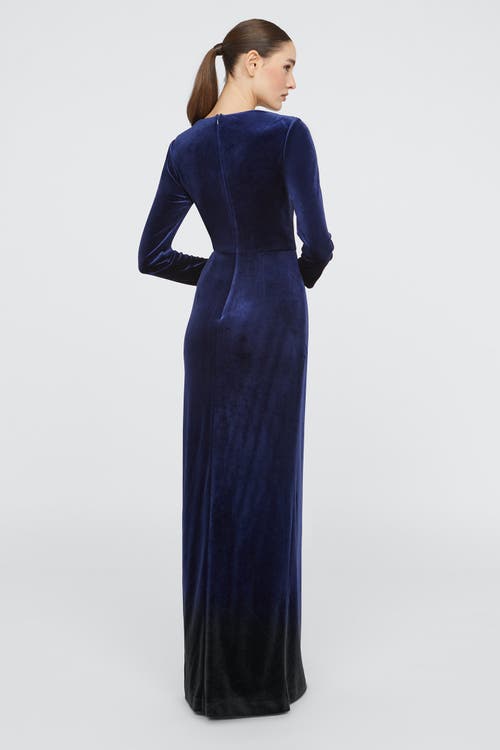 Theia Emerson Draped Stretch Velvet Column Gown In Blue