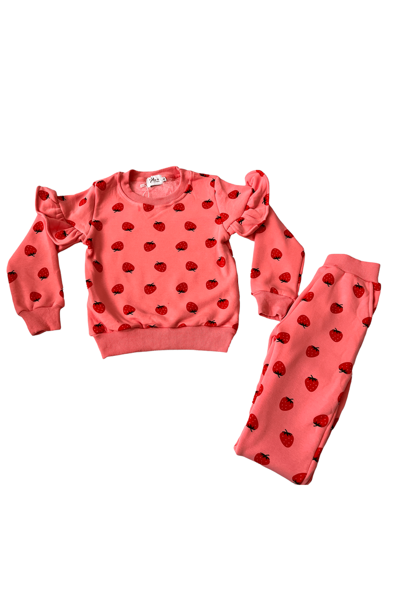 Lola + The Boys Strawberry Ruffle Joggers Set, Main, color, Pink