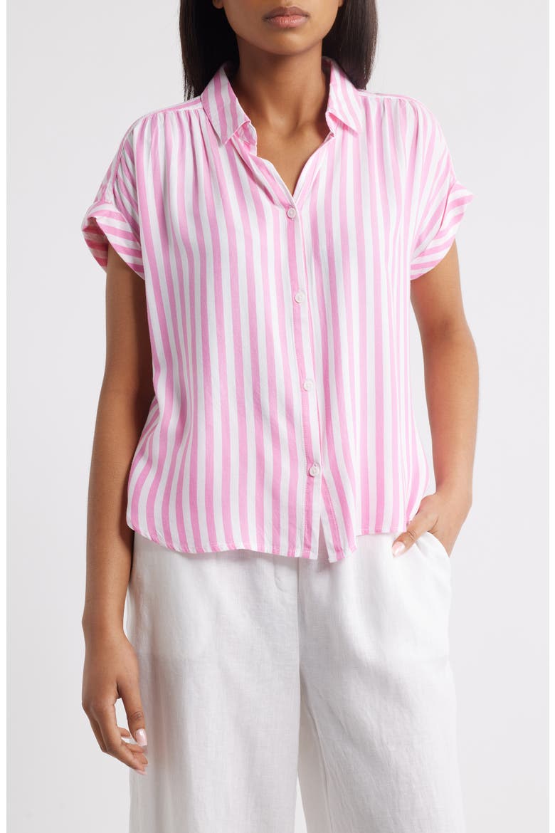 Daria Stripe Short Sleeve Button-Up Shirt, Main, color, SPRING TULIP