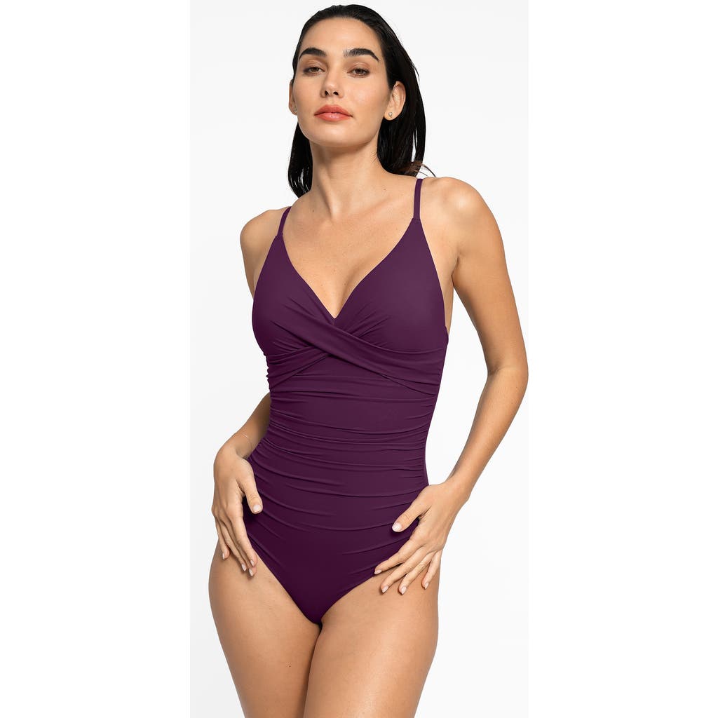 Popilush Shapewear Ruched Cross-front Sculpting One-piece Swimsuit In Dark Pastel Purple