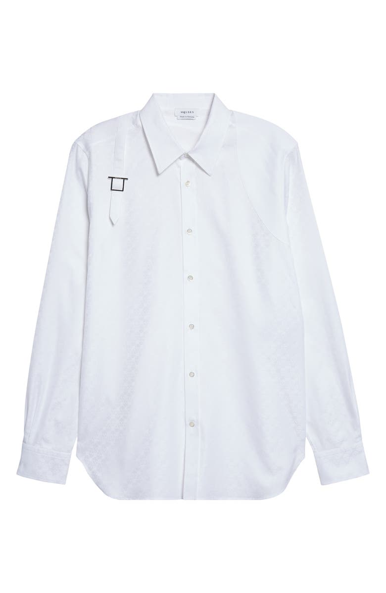 McQueen Harness Strap Skull Print Cotton Poplin & Piqué Button-Up Shirt, Main, color, White