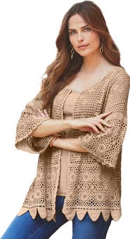 Roaman's Plus Size Scallop Trim Crochet Cardigan