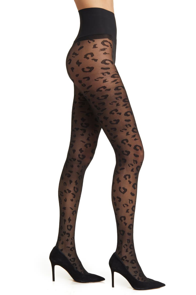 Sheer Leopard Tights, Main, color, BLACK