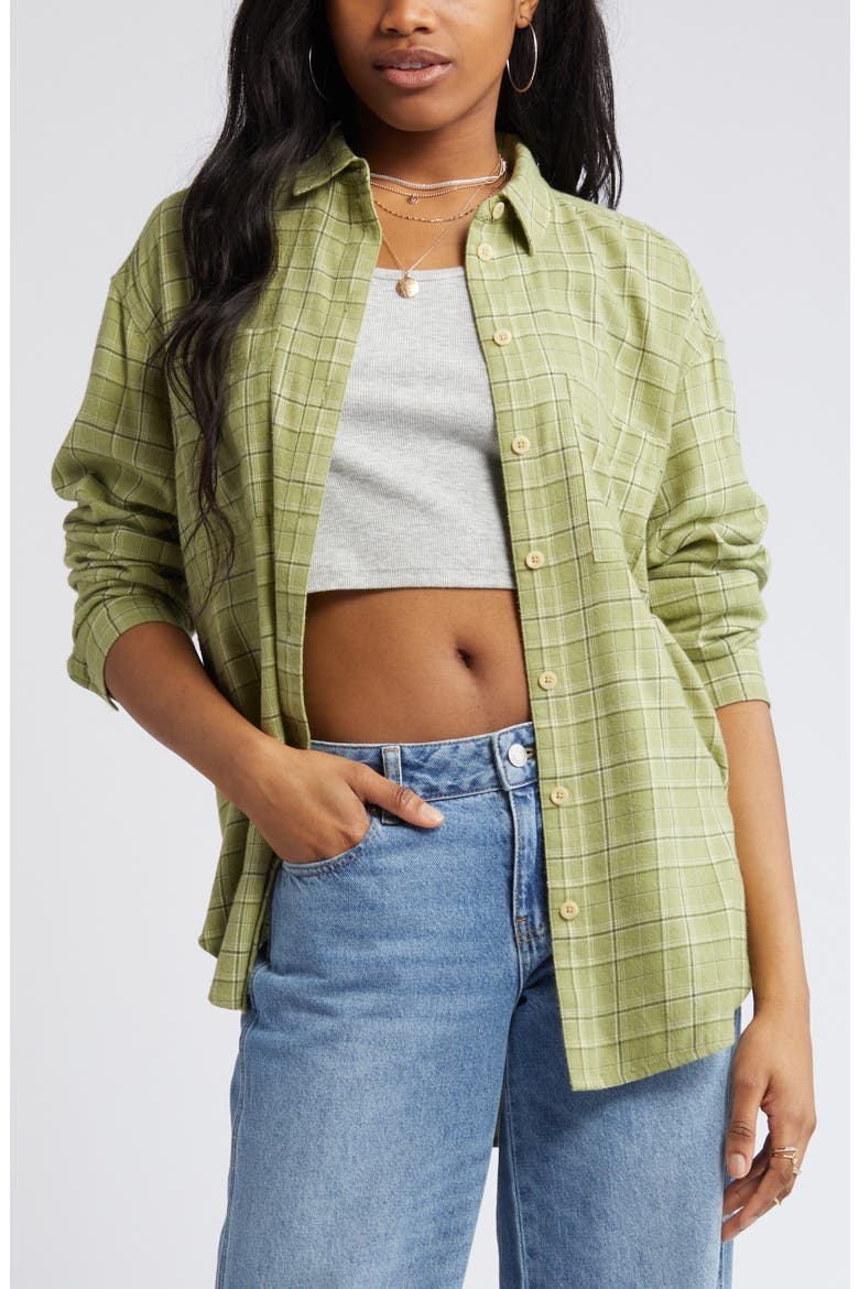 Plaid Oversize Cotton Flannel Button-Up Shirt, Alternate, color, OLIVE TONAL PLAID