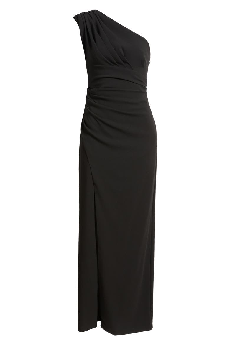 Draped One-Shoulder Crepe Gown, Alternate, color, BLACK