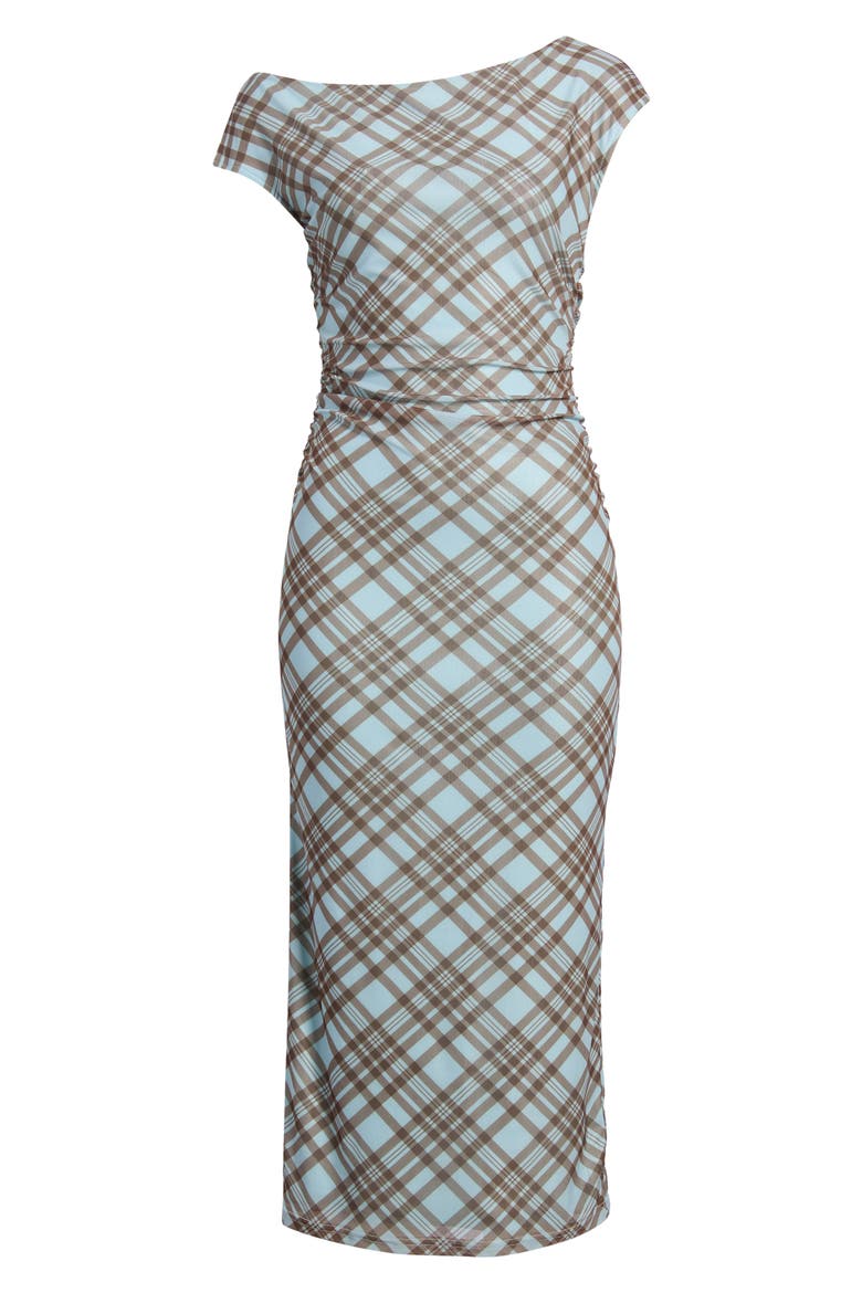 Clea Off the Shoulder Mesh Midi Dress, Main, color, BLUE PLAID
