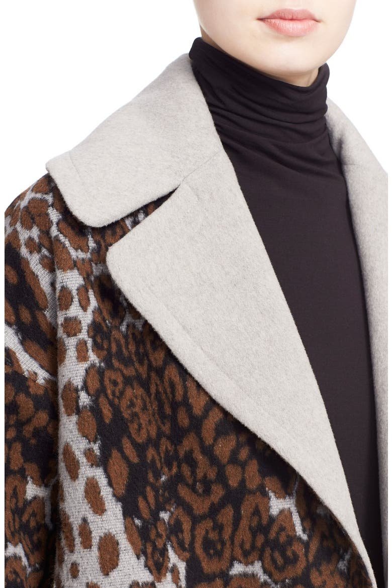 Contrast Collar Leopard Print Long Swing Coat, Alternate, color, BROWN/ PALE GREY