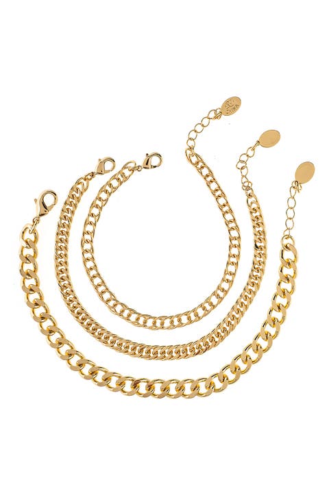 Set of 3 18k Gold Plated Curb Chain Bracelets
