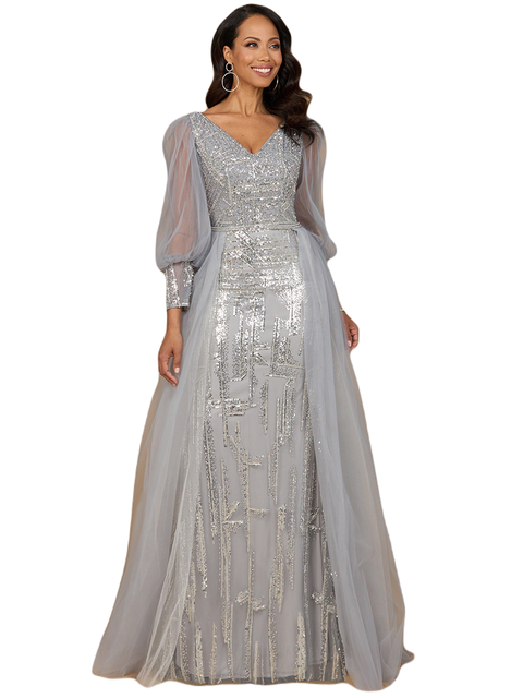 Long Sleeve Lace Gown with Removable Over Skirt