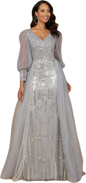 LARA New York Long Sleeve Lace Gown with Removable Over Skirt