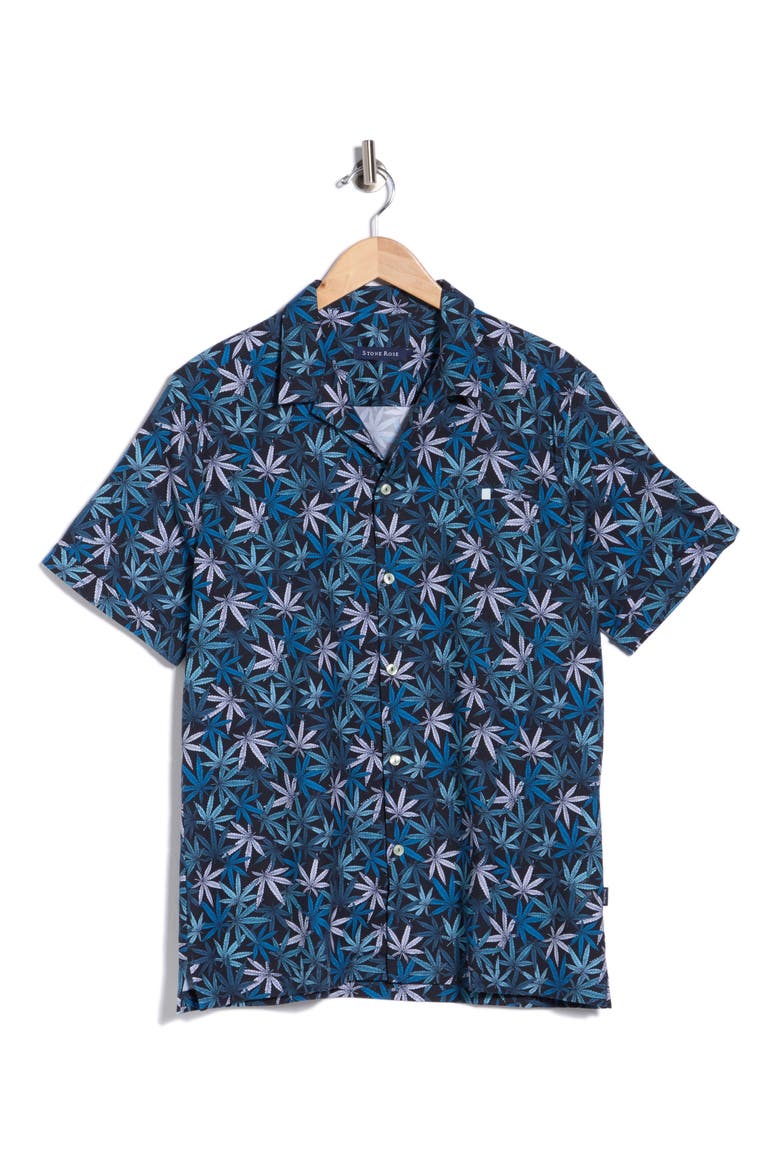 Leaf Print Resort Collar Shirt, Alternate, color, NAVY