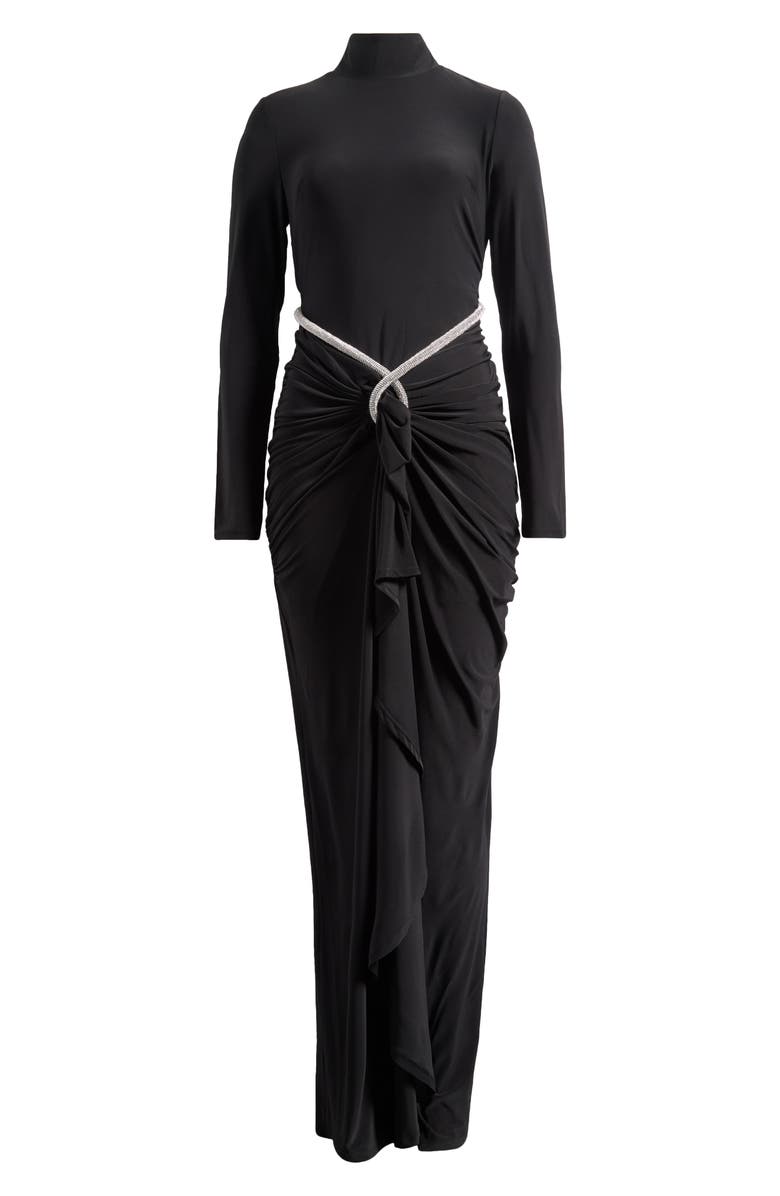 Jewel Badgley Mischka Mock Neck Long Sleeve Belted Dress, Alternate, color, Black